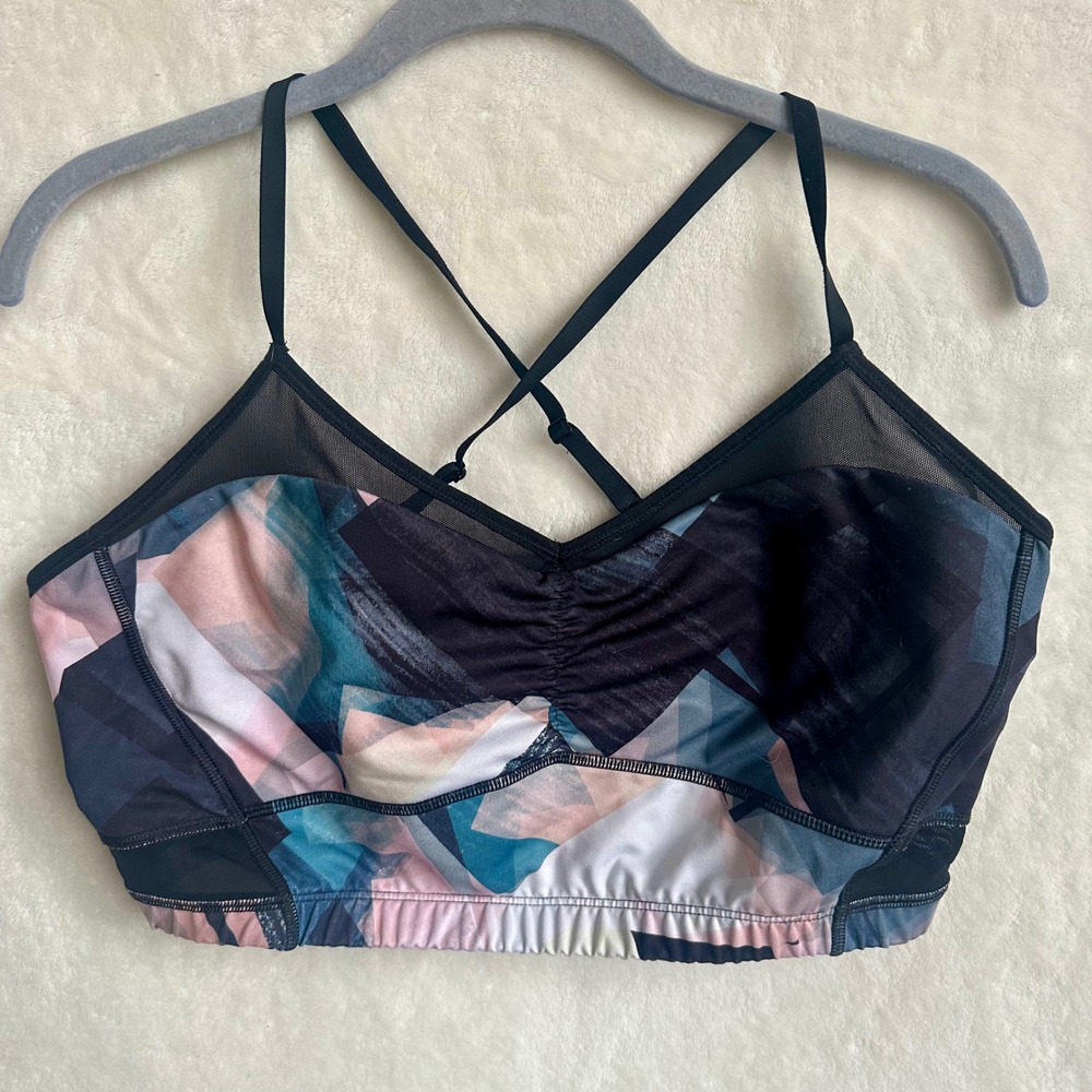 lucy Activewear Abstract Geometric Mesh Trim‎ Cross Back Spaghetti Strap Bra XL